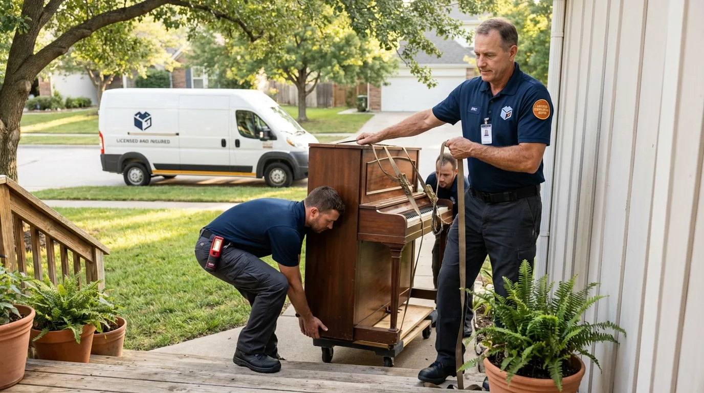 Licensed piano movers securing grand piano in South Holland, IL