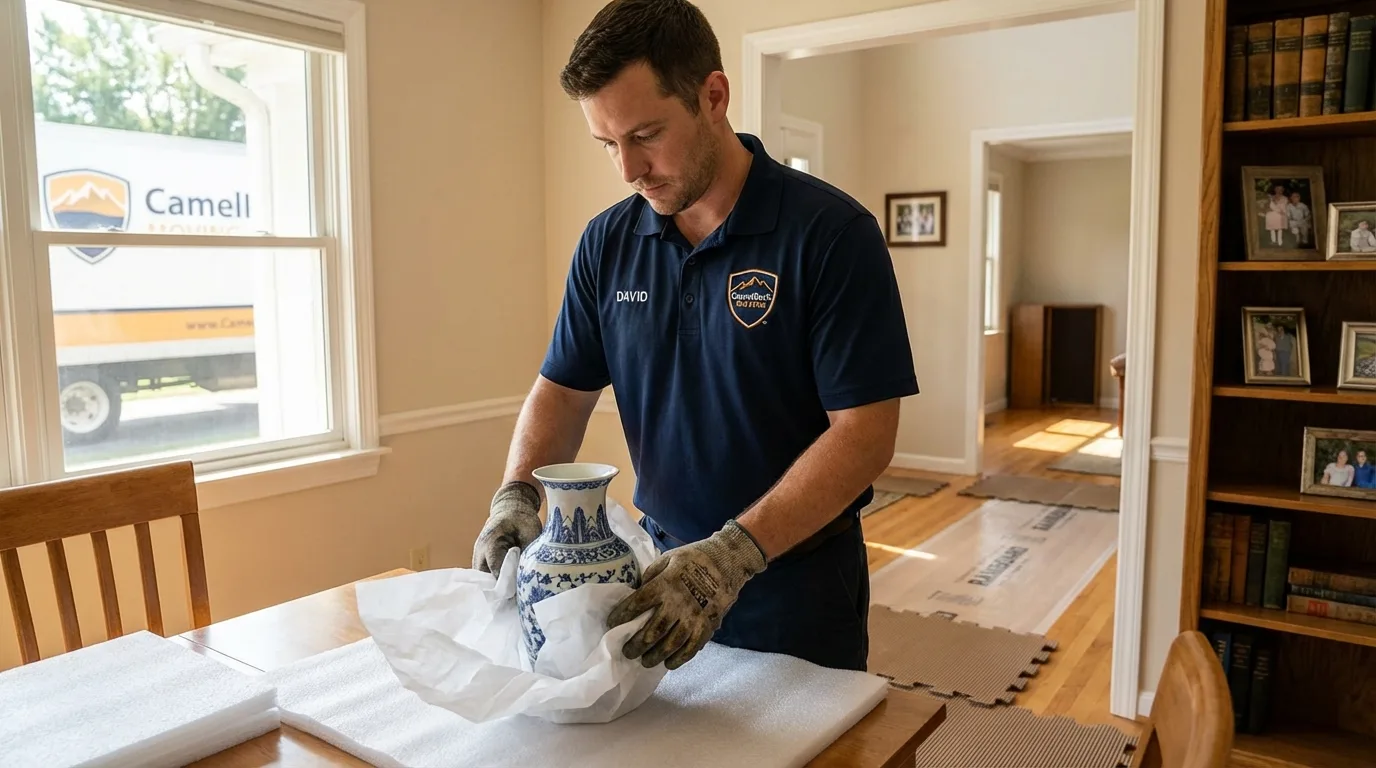 Professional crew carefully wrapping antique vase for senior downsizing move in South Holland, IL